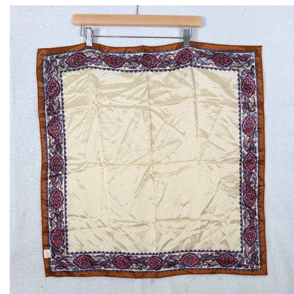 Vintage Paisley Polka Dot Square Neck Scarf 25" Brown Pink Blue Acetate Japan